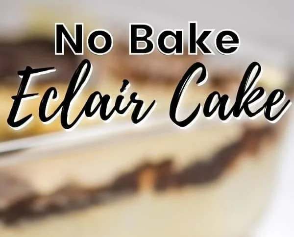 No-bake eclair cake with chocolate topping and creamy layers in a dish