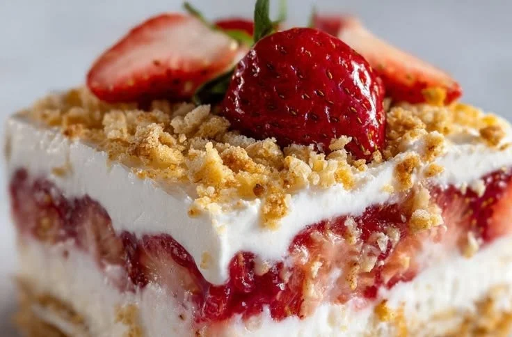 No-bake layered strawberry dessert served in a glass dish with fresh strawberries