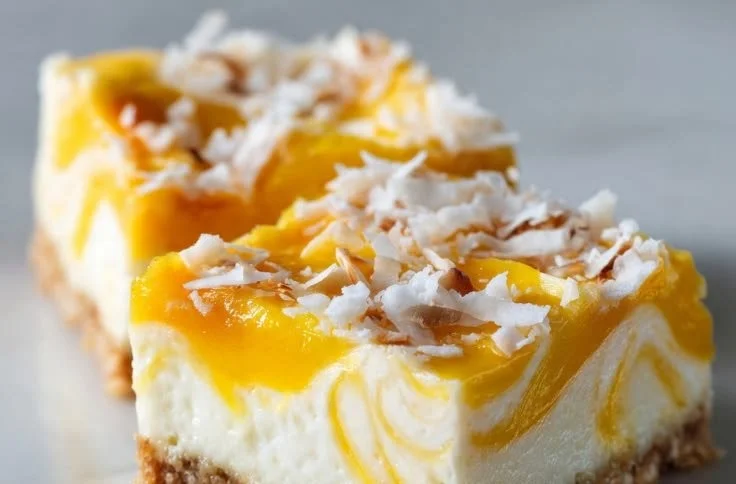 No-Bake Mango Coconut Bars served on a plate with tropical fruits