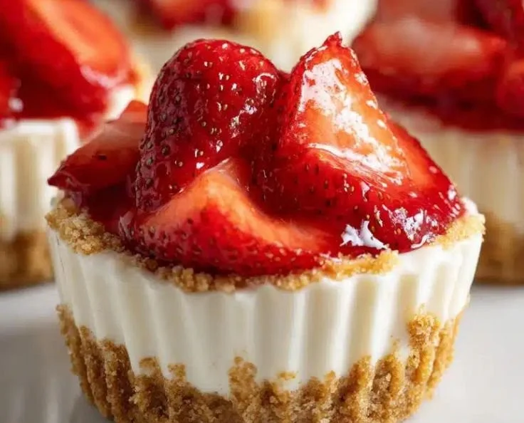 No-bake mini cheesecake cups topped with fruit and served in clear cups