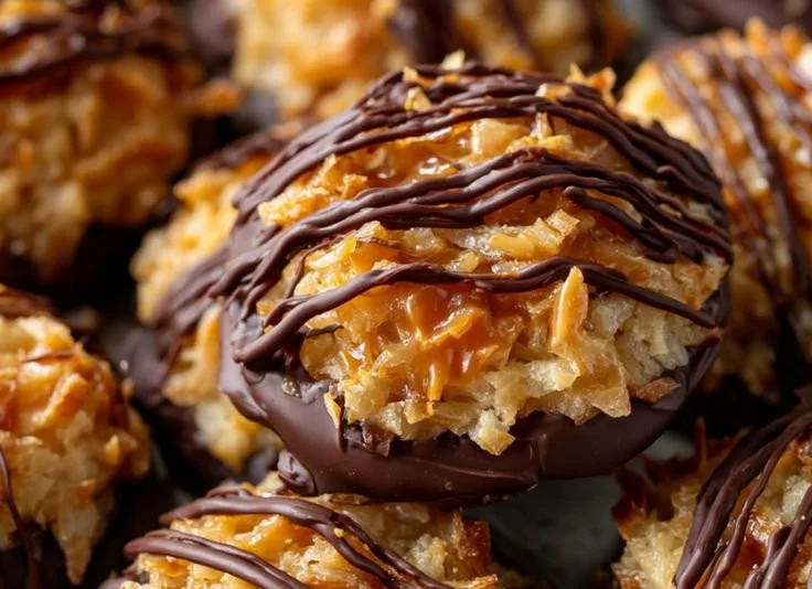 Delicious no-bake Samoa cookies topped with chocolate and coconut.