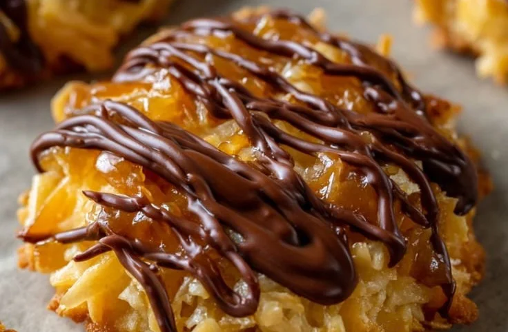 No Bake Samoa Cookies with coconut, caramel, and chocolate drizzles