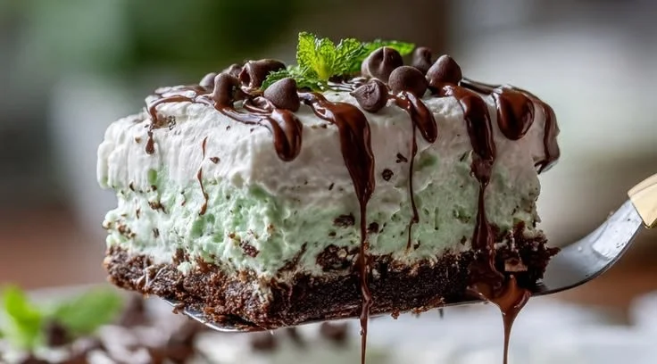 Delicious no-bake shamrock mint chocolate lasagna dessert ready to serve.