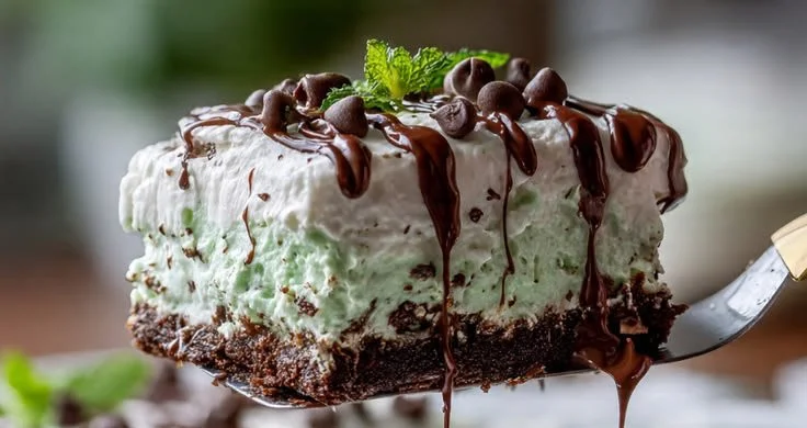 No-Bake Shamrock Mint Chocolate Lasagna topped with chocolate and mint layers