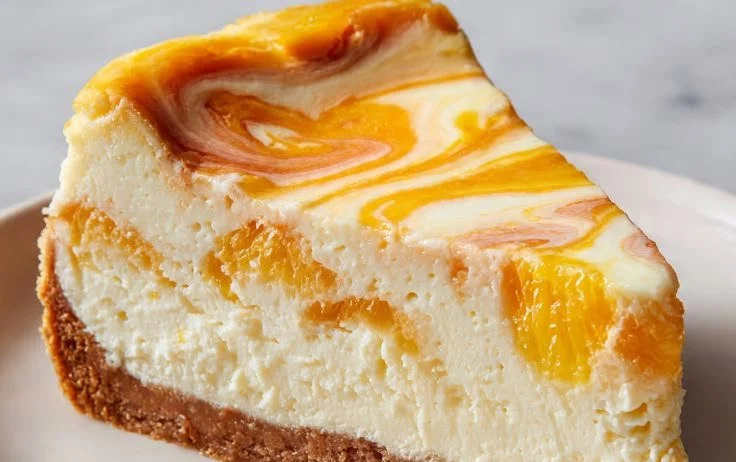 No-bake tropical cheesecake topped with fresh fruit and coconut flakes
