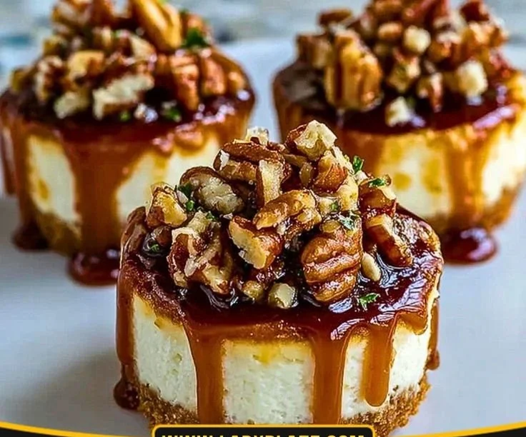 Delicious no-bake turtle mini cheesecakes topped with chocolate and caramel