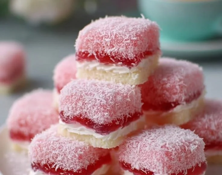 Delicious slice of Old-Fashioned Pink Jelly Cake with vibrant pink jelly topping.