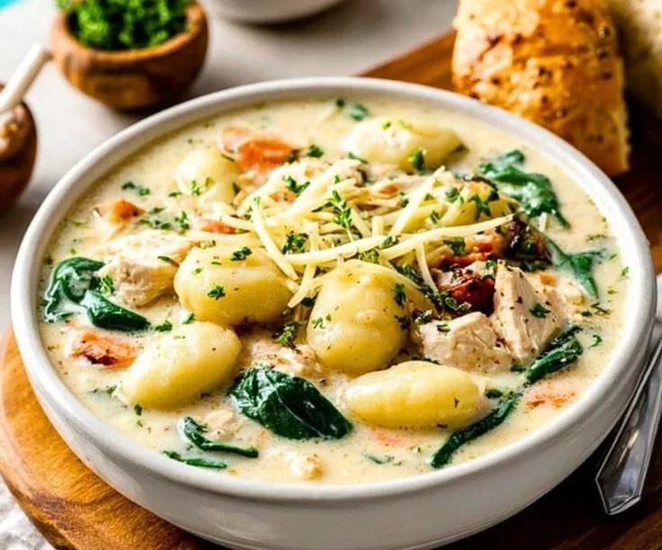 Bowl of Olive Garden Chicken Gnocchi Soup topped with herbs and crusty bread.