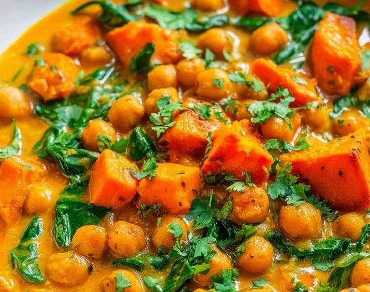 One-Pan Chickpea and Sweet Potato Coconut Curry recipe with vibrant ingredients