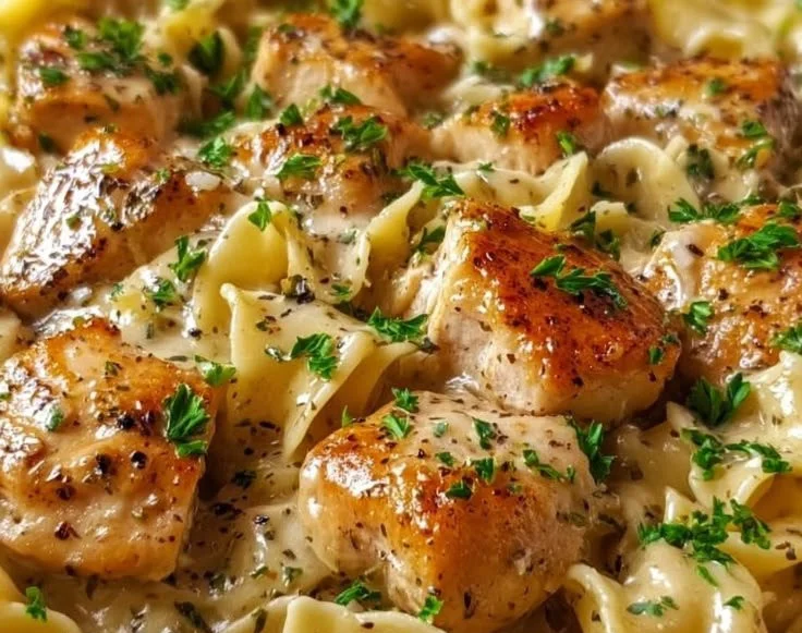 One-pan creamy garlic butter chicken served with egg noodles
