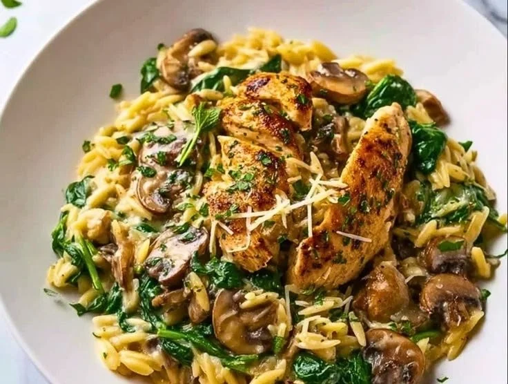 One-Pan Creamy Spinach, Mushroom, and Chicken Orzo dish served in a bowl