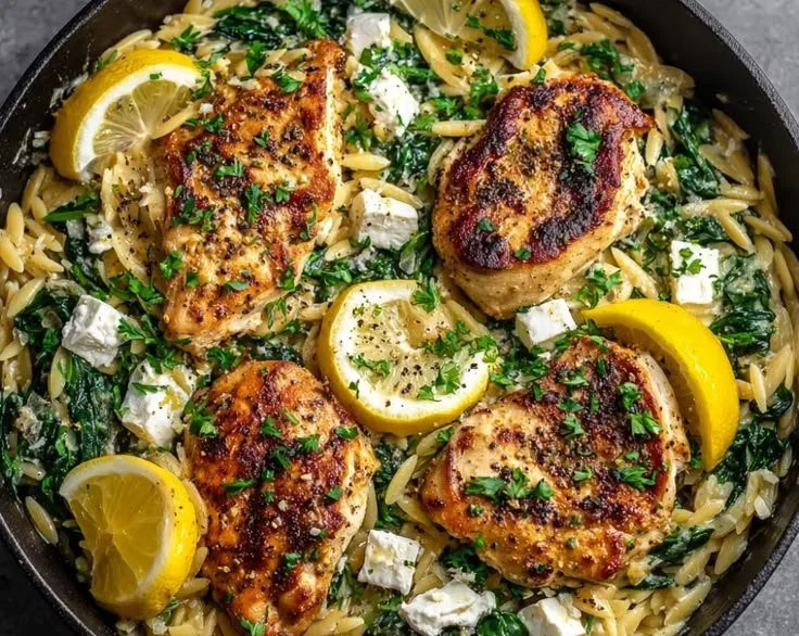 One-Pan Lemon Feta Chicken served with Orzo on a plate
