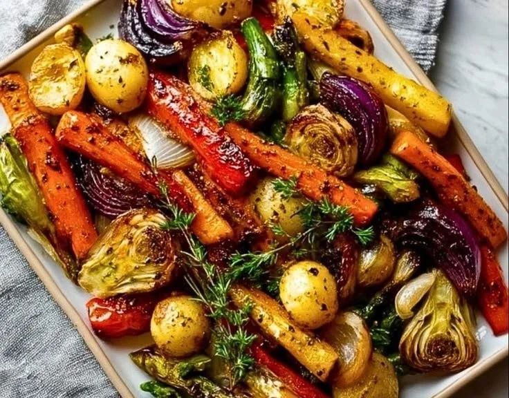 Colorful one-pan roasted vegetables ready to be served