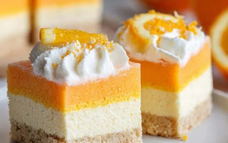 Delicious orange creamsicle layered dessert bars on a plate