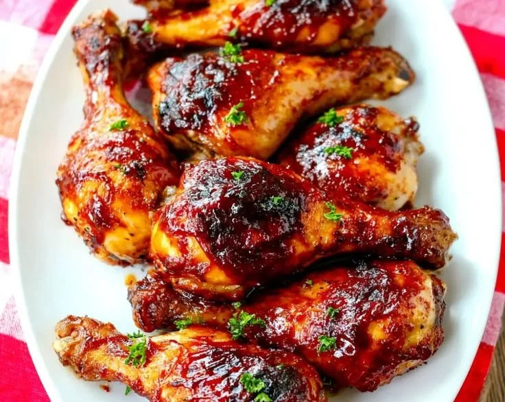 Oven-baked BBQ chicken drumsticks served on a plate with sides.
