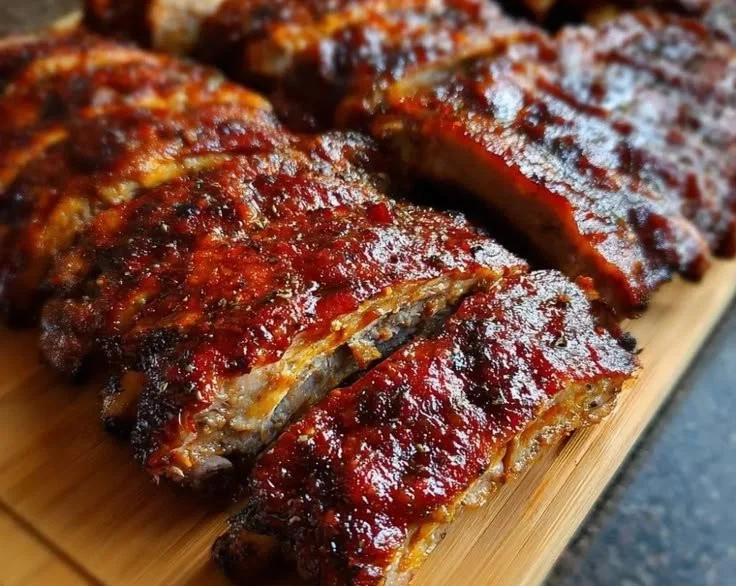 Plate of tender and juicy oven-baked ribs garnished with herbs