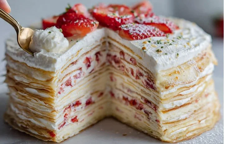 Delicious Pancake Crepe Cake served with syrup and berries