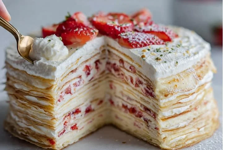 Delicious pancake layered crepe cake with creamy filling
