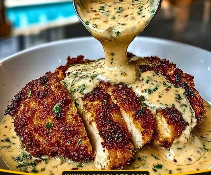 Parmesan Crusted Chicken topped with Garlic Sauce on a plate