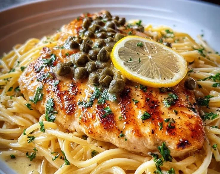 Plate of pasta topped with flavorful chicken piccata and garnished with capers.