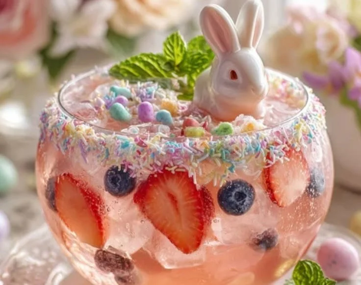 Pastel Bunny Punch in a glass filled with fruity flavors and garnished with fruit slices