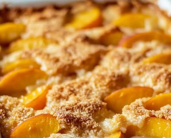 Delicious peach cobbler served warm with a scoop of vanilla ice cream.