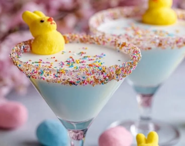 Peep-tini cocktail with colorful marshmallow garnishes and creamy texture