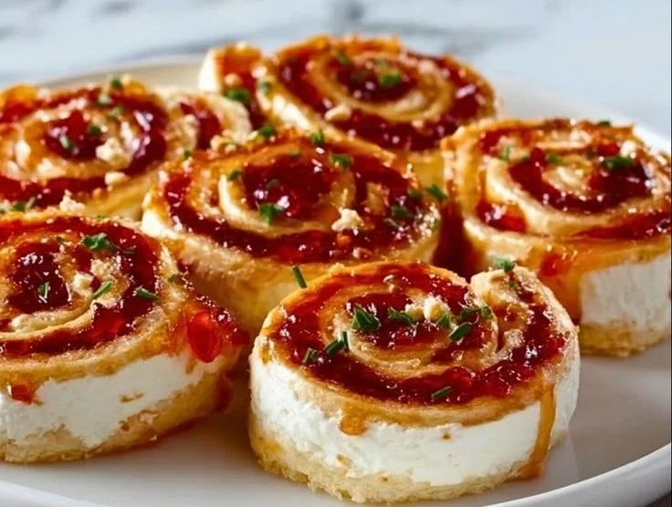 Delicious Pepper Jelly and Cream Cheese Pinwheels ready to serve