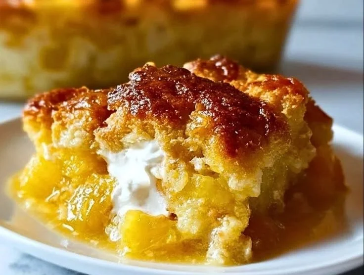 Delicious Pineapple Cream Cheese Cobbler served in a dish