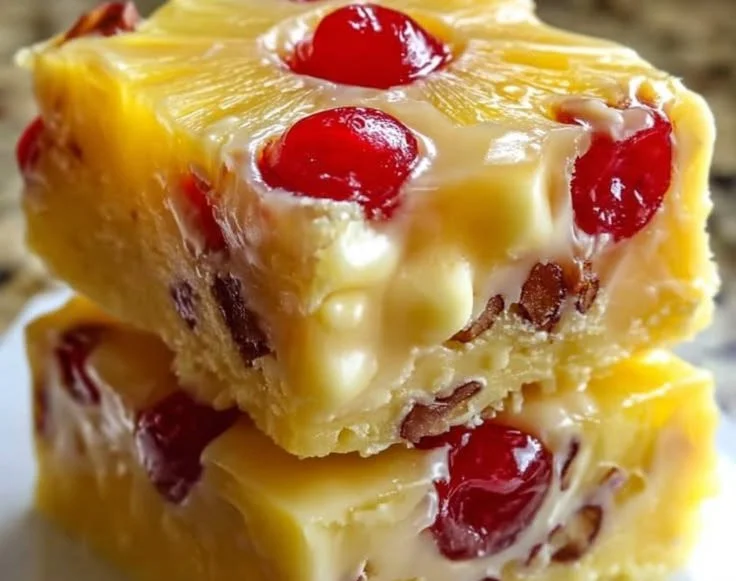 Delicious homemade Pineapple Upside-Down Cake Fudge displayed on a plate.