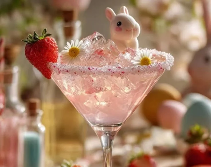 Refreshing Pink Bunny Fizz drink, creamy and fruity delight garnished with bunny decor