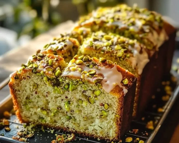 Freshly baked Pistachio Lemon Bread on a wooden table