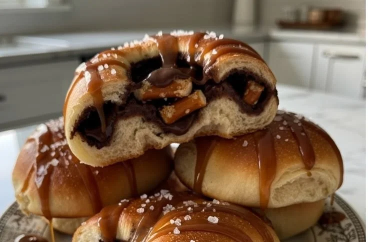 Chocolate and caramel stuffed pretzel rolls on a plate