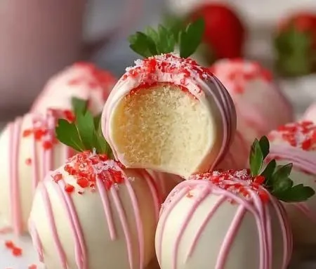 Delicious strawberry shortcake truffles recipe with fresh strawberries and cream.