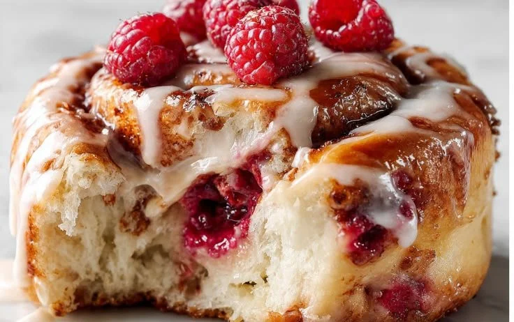 Raspberry cinnamon rolls drizzled with lemon glaze on a white plate