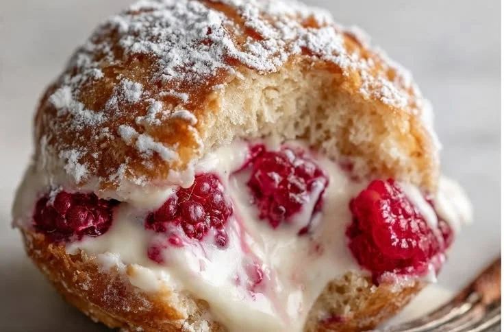 Delicious raspberry cream donut holes with powdered sugar coating
