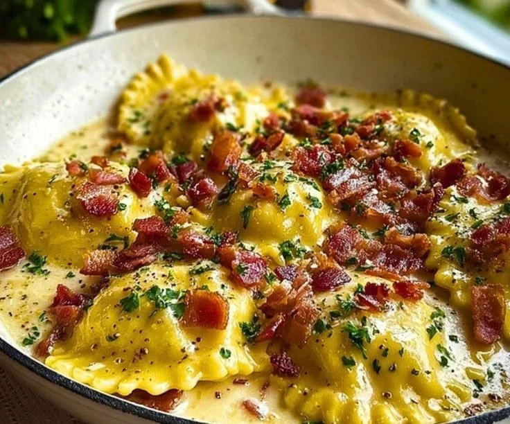 Delicious Ravioli Carbonara garnished with parsley and parmesan cheese
