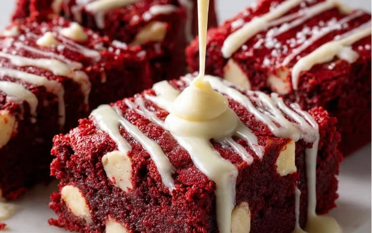 Delicious red velvet brownies topped with cream cheese frosting