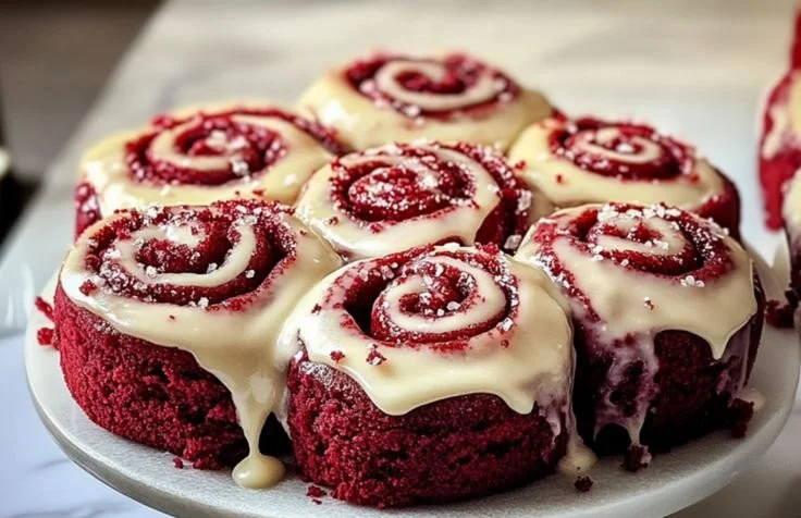 Red velvet cinnamon rolls topped with cream cheese icing on a white plate