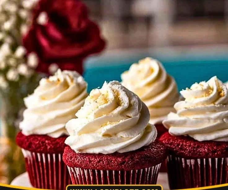 Delicious red velvet cupcakes with cream cheese frosting on a rustic background.