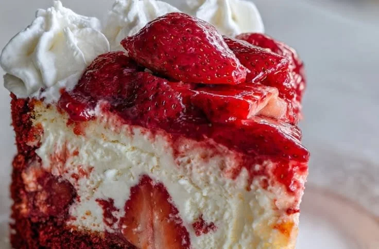 Slice of red velvet strawberry cheesecake topped with fresh strawberries