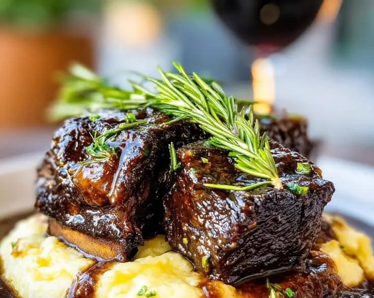 Delicious red wine braised short ribs garnished with herbs