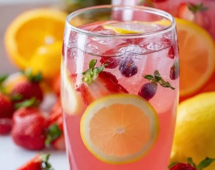 A colorful glass of refreshing fruit punch with fruits on a table
