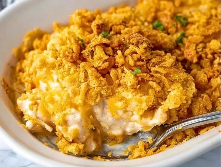 Ritz Cracker Chicken Casserole topped with crispy Ritz crackers