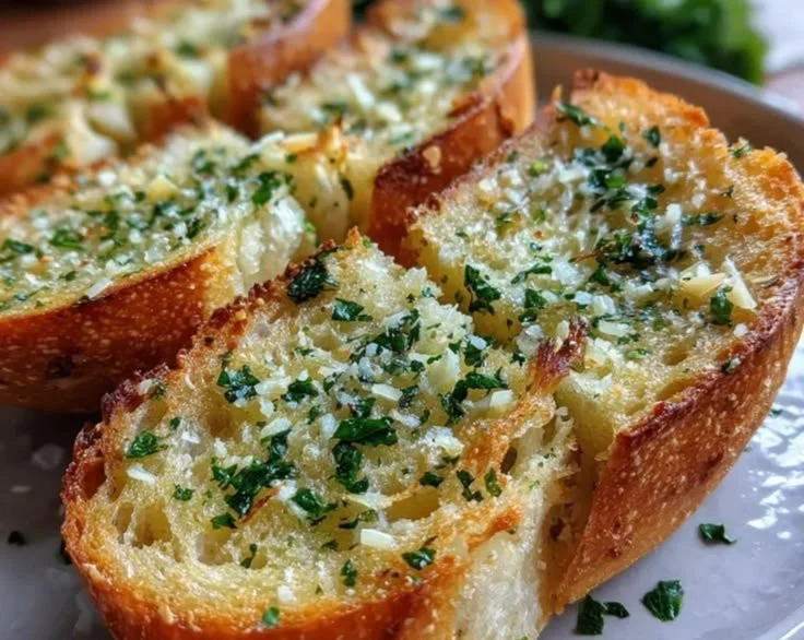 Freshly baked roasted garlic artisan bread loaf with herbs and golden crust.