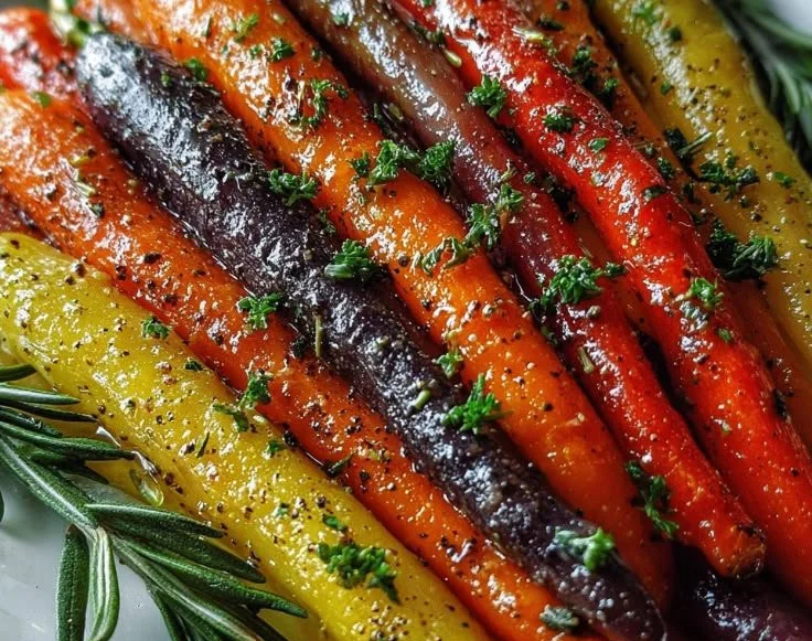 Plate of roasted rainbow carrots seasoned and ready to eat