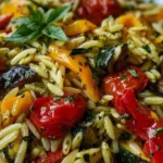 Bowl of roasted vegetable orzo with pesto, garnished with fresh herbs.