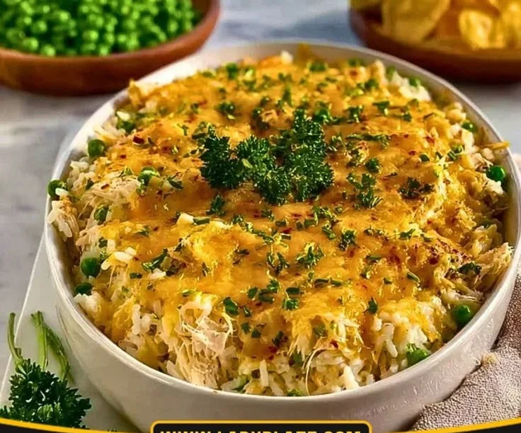 Delicious rotisserie chicken and rice casserole served in a dish