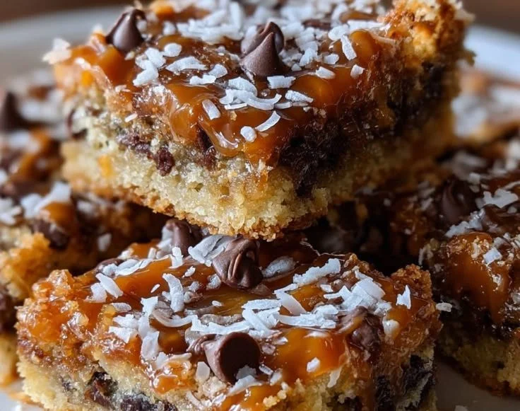 Delicious Salted Caramel Magic Bars ready to enjoy, topped with sea salt.