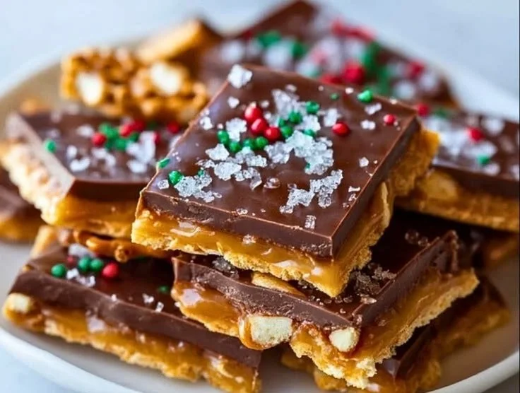 Delicious homemade Saltine Cracker Candy spread on a baking sheet.